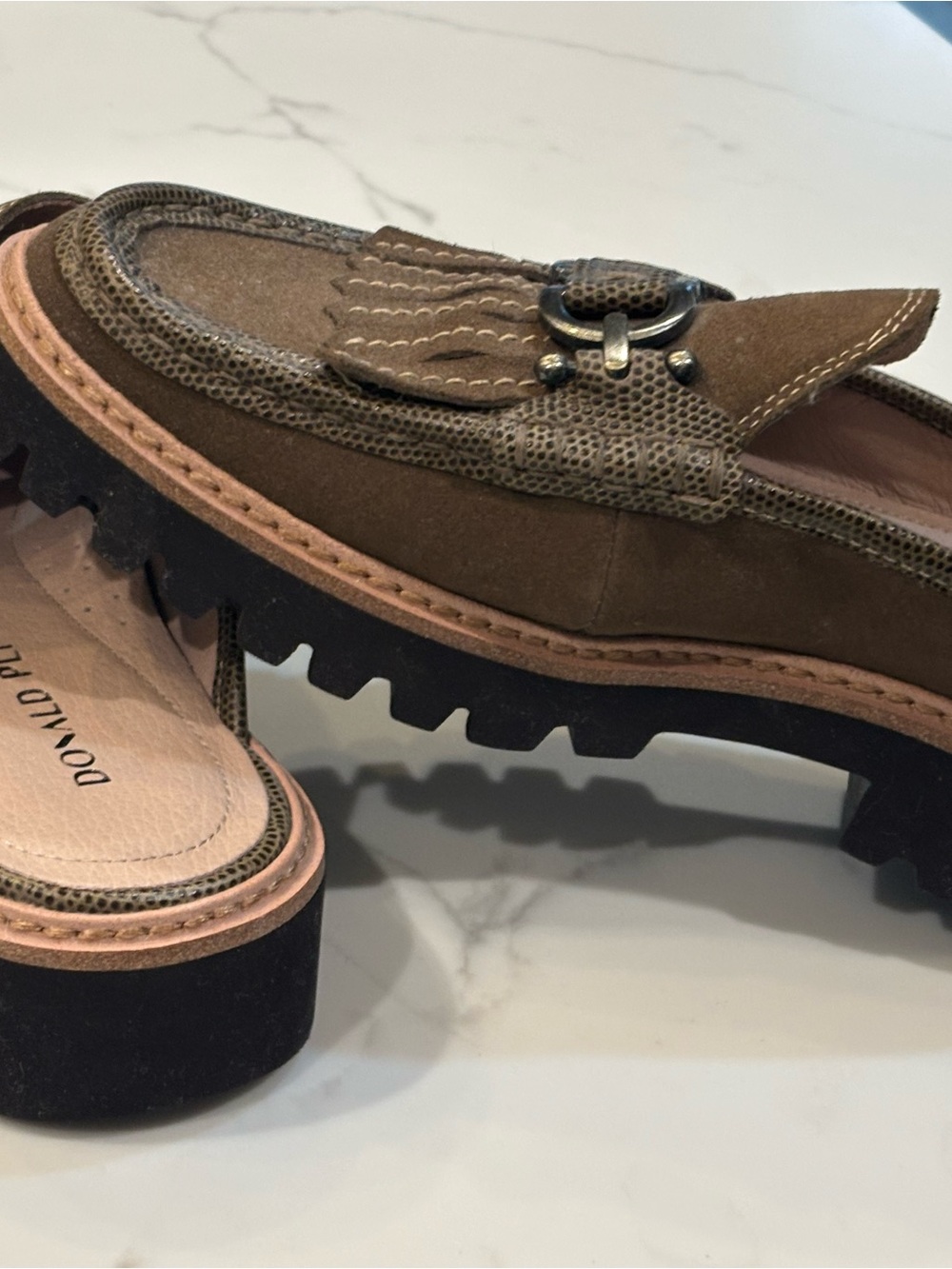 Donald J. Pliner Brown Suede Kiltie Mule with Buckle